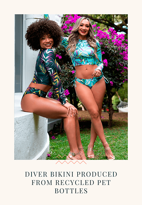 Two women with eco friendly bikinis made with sustainable swimwear fabrics
